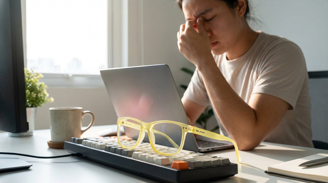 Person at a desk with laptop showing eye fatigue, computer glasses on keyboard