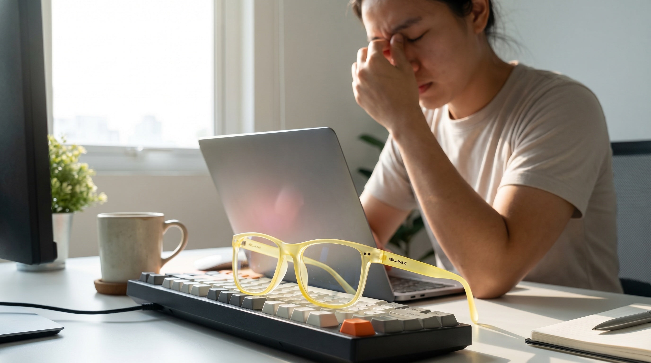 Person at a desk with laptop showing eye fatigue, computer glasses on keyboard