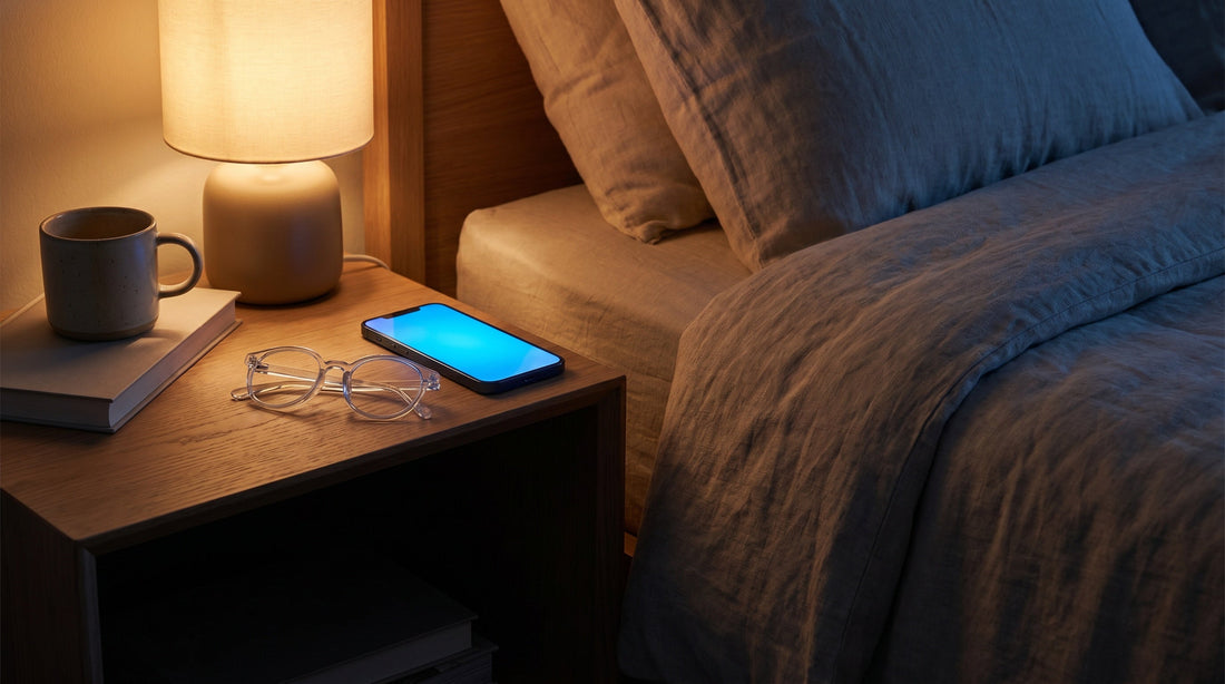 Blue light glasses on a nightstand next to a phone emitting blue glow