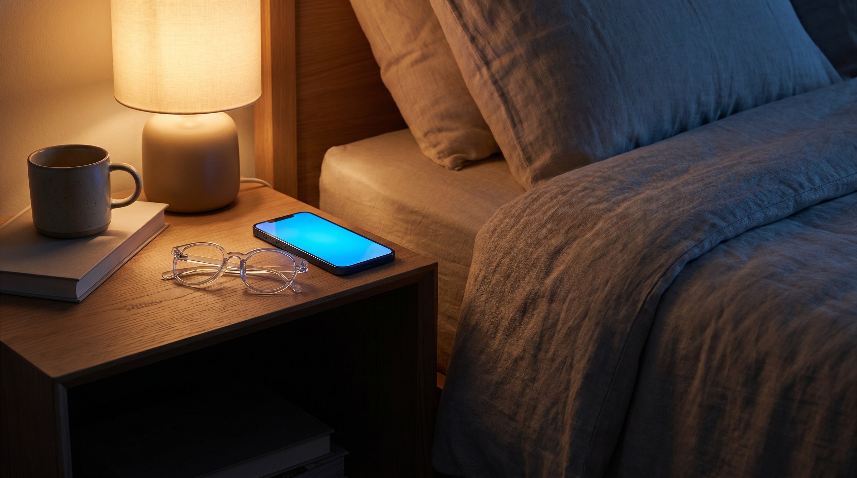 Blue light glasses on a nightstand next to a phone emitting blue glow